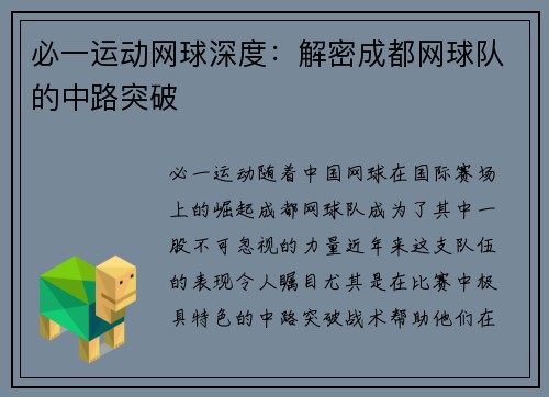 必一运动网球深度：解密成都网球队的中路突破